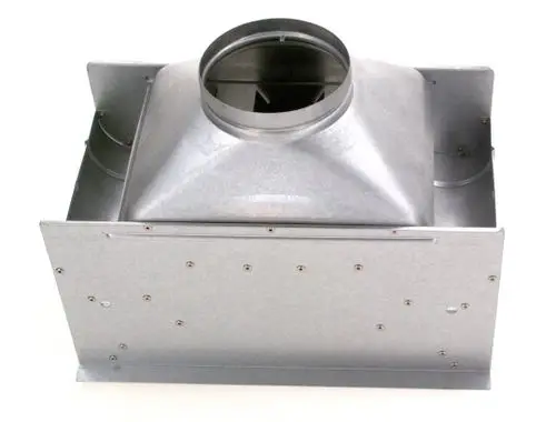 Metallische Strömungssicherung von Bosch, quadratische Form mit runder Öffnung oben, angeordnet in einem rechteckigen Gehäuse, zur Regulierung von Luftströmen in Belüftungsanlagen.